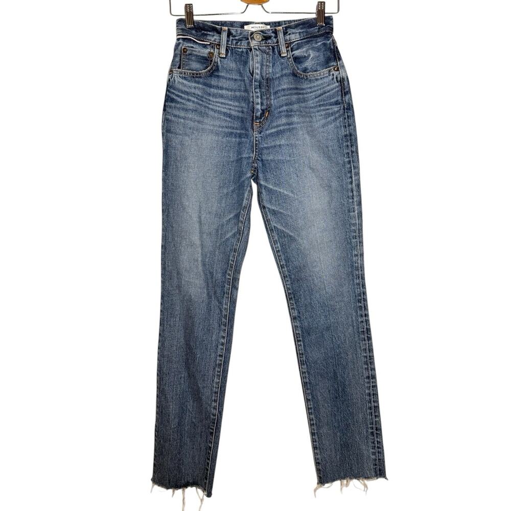 Moussy Vintage Medium Blue High Rise Howa Raw Hem Tapered Straight Leg Jeans 26